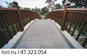 Wooden arching footbridge winding through verdant park landscape, connecting pathways with elegant architectural grace and natural tranquility. Стоковое фото, фотограф Mikhail Davidovich / Фотобанк Лори