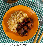 Homemade tasty grilled beef stroganoff with basmati rice. Стоковое фото, фотограф Яков Филимонов / Фотобанк Лори