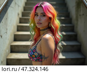 A woman stands confidently on a set of steps, flaunting her striking rainbow hair and floral top. The setting captures her artistic charm under bright sunlight. Tattooed female. Стоковое AI-изображение, AI-художник Sergey Grishin / Фотобанк Лори