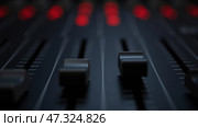 The focus is on several audio mixer faders set against a dark background, with red lights glowing above them, indicating an active music production environment. Стоковое AI-изображение, AI-художник Sergey Grishin / Фотобанк Лори