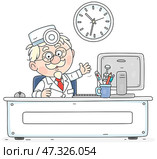 Doctor sitting at his desk, welcoming and preparing to receive and listen to a patient in a consulting room of a hospital or polyclinic. Стоковая иллюстрация, иллюстратор Alexey Bannykh / Фотобанк Лори