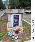 A memorial place of grief dedicated to the tragedy that occurred on May 11, 2021, at school No. 175 in Kazan. In memory of the children who died, people brought plush toys, lit lamps, and hung posters with words of sympathy and support.This place is located in Simeiz, on the central alley near the cypress trees - one of the walking areas of the resort village. Such a sign of solidarity and empathy emphasizes that even at a distance, people do not remain indifferent to the pain of others. Стоковое фото, фотограф Анна Кривицкая / Фотобанк Лори