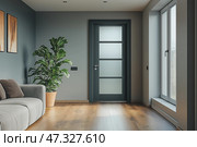 Modern entryway with sleek design and natural lighting in a home. Современная прихожая со стильной серой дверью, деревянным полом и большими окнами, освещающими пространство естественным светом. Минималистичный декор подчеркивает современную эстетику. Стоковое AI-изображение, AI-художник Katsiaryna Repich / Фотобанк Лори