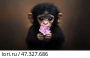 Cute baby monkey holding a flower and looking curiously at the camera. Симпатичная обезьянка держит цветок и с любопытством смотрит в камеру. Стоковое AI-изображение, AI-художник Katsiaryna Repich / Фотобанк Лори