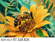 Close-up of a honey bee collecting nectar on a white flower against the tropical setting background. Стоковое AI-изображение, AI-художник Iva Noel / Фотобанк Лори