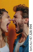Angry young adult Caucasian woman yelling versus her husband on color background, Young couple arguing and fighting. Domestic violence, emotional abuse scene of woman and man screaming at each other. Стоковое AI-видео, аниматор Sergey Grishin / Фотобанк Лори