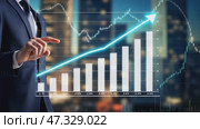 A business professional is signaling towards an upward-trending financial graph displayed on a screen, showcasing city lights in the background, suggesting economic growth and innovation. Стоковое AI-видео, аниматор Sergey Grishin / Фотобанк Лори