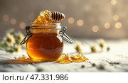 Honey jar with honeycomb and dripper showcases natural sweetness in soft lighting. Стоковое AI-изображение, AI-художник Сергей Толмачёв / Фотобанк Лори