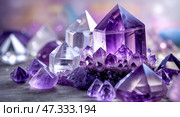 Collection of amethyst crystals arranged on a surface with soft lighting for a calming effect. Стоковое AI-изображение, AI-художник Сергей Толмачёв / Фотобанк Лори