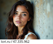 The young woman with wavy brown hair gazes thoughtfully at the viewer, her striking green eyes conveying a sense of depth and intrigue in soft, warm light. Стоковое AI-изображение, AI-художник Sergey Grishin / Фотобанк Лори