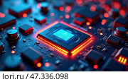 A detailed look at a contemporary computer chipset illuminated by red lights, surrounded by various components on a circuit board, showcasing advanced technology. Стоковое AI-изображение, AI-художник Sergey Grishin / Фотобанк Лори
