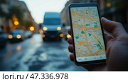 Navigating city streets with a smartphone map in hand. Человек держит в руках смартфон, на котором отображается подробная карта, ориентируясь по городским улицам. Мокрый тротуар отражает уличные фонари, подчеркивая шумную городскую среду. Стоковое AI-изображение, AI-художник Katsiaryna Repich / Фотобанк Лори