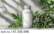White plastic mockup bottle of organic fertilizer with a blank label. Высококачественный макет, белая пластиковая бутылка органического удобрения с пустой этикеткой, расположенная рядом со свежими зелеными листьями, идеально подходит для брендинга и дизайна упаковки. Стоковое AI-изображение, AI-художник Katsiaryna Repich / Фотобанк Лори