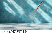 Whisk suspended in the air against a textured blue background. Венчик из нержавеющей стали парит над мраморной поверхностью, отбрасывая нежные тени. Фон имеет яркий синий оттенок, подчеркивающий атмосферу кухни. Стоковое AI-изображение, AI-художник Katsiaryna Repich / Фотобанк Лори