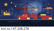 Cargo cranes loading containers with chinese and american flags at night representing trade war. Стоковое AI-изображение, AI-художник Андрей Знаменский / Фотобанк Лори