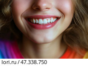 Bright red lips and a radiant smile with perfect white teeth. Ярко-красные губы и лучезарная улыбка с идеально белыми зубами. Стоковое AI-изображение, AI-художник Katsiaryna Repich / Фотобанк Лори