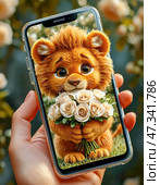 A funny shaggy lion cub gives a bouquet of bright roses, holding them out from the screen of a smartphone on a birthday. Стоковое AI-изображение, AI-художник Сергей Елизарьев / Фотобанк Лори