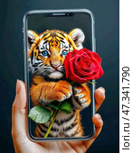 A funny striped tiger cub gives a bouquet of bright roses, holding them out from a smartphone screen on a birthday. Стоковое AI-изображение, AI-художник Сергей Елизарьев / Фотобанк Лори