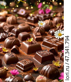 On December 28, lovers of sweets celebrate a delicious and aromatic holiday - Chocolate Candy Day. Chocolate candies are a favorite treat since childhood. Стоковое AI-изображение, AI-художник Сергей Елизарьев / Фотобанк Лори