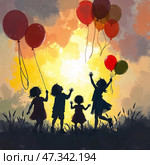 Силуэты веселых детей, которые запускают шары в небо. Silhouettes of joyful children who launch balloons into the sky. Стоковое AI-изображение, AI-художник Смирнова Светлана / Фотобанк Лори