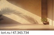 Sunlit interior with palm shadows and minimalist decor creating a tranquil atmosphere in a modern space. Стоковое AI-изображение, AI-художник Сергей Толмачёв / Фотобанк Лори