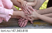 A friendly family joins their hands as a sign of joint success. Стоковое фото, фотограф Mikhail Davidovich / Фотобанк Лори