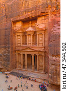 Petra, Wadi Musa, Jordan - Mar 06 2023, aerial view of Al-Khazneh tomb, symbol of the city of Petra, Wadi Musa, Jordan. Стоковое фото, фотограф Сергей Богомяко / Фотобанк Лори