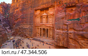 Petra, Wadi Musa, Jordan - Mar 06 2023, aerial view of Al-Khazneh tomb, symbol of the city of Petra, Wadi Musa, Jordan. Стоковое фото, фотограф Сергей Богомяко / Фотобанк Лори