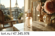 Elegant skincare product mockup in Paris with blooming roses at sunset. Элегантный макет средства для ухода за кожей в Париже с цветущими розами на закате. Стоковое AI-изображение, AI-художник Katsiaryna Repich / Фотобанк Лори