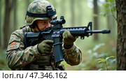 Dressed in camouflage, a soldier holds a rifle steady, observing the surroundings in a wooded area during early morning light. The atmosphere is tense and focused. Стоковое AI-изображение, AI-художник Sergey Grishin / Фотобанк Лори