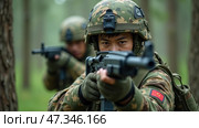 Two soldiers in camouflage aim their firearms while participating in a training exercise in a dense forest, showcasing military tactics and teamwork. Стоковое AI-изображение, AI-художник Sergey Grishin / Фотобанк Лори