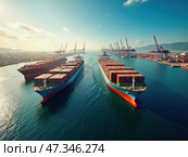 Two massive cargo ships travel through a bustling harbor, surrounded by cranes and stacked shipping containers against a vibrant blue sky. Стоковое AI-изображение, AI-художник Sergey Grishin / Фотобанк Лори