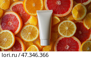 Bright citrus fruits surround a white moisturizer mockup tube product on a vibrant surface. Коллекция свежих цитрусовых, включая лимоны, грейпфруты и апельсины, расположена вокруг тюбика с кремом для ухода за кожей. Яркие цвета создают освежающий образ. Стоковое AI-изображение, AI-художник Katsiaryna Repich / Фотобанк Лори