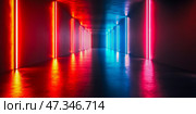 Futuristic neon corridor with vibrant red and blue lights for modern design concepts. Стоковое AI-изображение, AI-художник Евгения Пархоменко / Фотобанк Лори