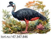 A detailed and vivid illustration of a cassowary, a large flightless bird, standing among tropical vegetation. The cassowary is depicted in profile: its massive body is covered in dark, almost black feathers, the lower part is with a rich red tint. The neck and head are painted in bright blue-blue and yellow-pink tones, decorated with a characteristic helmet and bare areas of skin. Around is a variety of tropical flora: ferns, shrubs, broad leaves and flowers, which gives the scene a rich and exotic atmosphere. The work is done in the style of scientific botanical and zoological illustration. Стоковое AI-изображение, AI-художник Анна Кривицкая / Фотобанк Лори