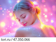 Счастливая расслабленная девушка отдыхает после массажа. Спа-процедуры, массаж, концепция красоты и ухода. Стоковое AI-изображение, AI-художник Щеголева Ольга / Фотобанк Лори