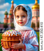 A little girl with a basket containing a blessed Easter cake. Easter cake is part of the Easter meal. Easter (Bright Resurrection of Christ) is the oldest and most important Christian holiday. Happy Easter! Стоковое AI-изображение, AI-художник Сергей Елизарьев / Фотобанк Лори