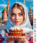A beautiful young girl holds a consecrated Easter cake in her hands. Easter cake is part of the Easter meal. Easter (Bright Resurrection of Christ) is the oldest and most important Christian holiday. Happy Easter! Стоковое AI-изображение, AI-художник Сергей Елизарьев / Фотобанк Лори
