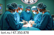 A team of skilled surgeons in blue scrubs and masks work meticulously on a patient, focusing on precise movements in a clean, bright operating room. Стоковое AI-изображение, AI-художник Sergey Grishin / Фотобанк Лори