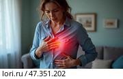 A woman clutches her chest with a look of concern, indicating discomfort in her living room. Soft light filters through the curtains as she appears distressed. Стоковое AI-изображение, AI-художник Sergey Grishin / Фотобанк Лори