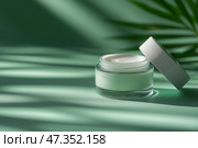 Moisturizing cream in a jar with soft texture on green background. Увлажняющий крем в баночке с мягкой текстурой на зеленом фоне. Стоковое AI-изображение, AI-художник Katsiaryna Repich / Фотобанк Лори
