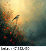 A sophisticated landscape in the style of digital painting. In the center of the composition is a small bird sitting on a thin stem among flowers with scarlet petals. The surroundings are shrouded in soft fog, giving the scene mystery and peace. The light haze in the background creates a feeling of morning or evening light, emphasizing the tranquility of the moment. The work is done with an expressive texture of brushstrokes and a harmonious palette of warm and cold tones. Стоковое AI-изображение, AI-художник Анна Кривицкая / Фотобанк Лори