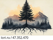 A majestic spruce tree standing in the center of the composition, with clearly defined roots going deep into the earth. The background is decorated with silhouettes of mountains and forests, illuminated by the soft light of sunset or sunrise, which creates the effect of simultaneous strength and silence. The color palette is restrained, with warm orange-yellow shades of the sky and contrasting dark silhouettes of trees. The composition resembles a symbol of life balance, strength and connection between earth and sky. Стоковое AI-изображение, AI-художник Анна Кривицкая / Фотобанк Лори