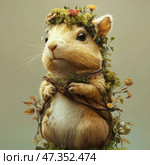 A cute forest rodent, similar to a mouse or a jerboa, decorated in a fairy-tale style. He is decorated with a wreath of moss, flowers and leaves, and his body is partially entwined with thin twigs, as if he is the guardian of the forest. The eyes are large, shiny, with an expression of naivety and slight surprise. Warm soft light and a neutral background emphasize the fluffiness of his fur and create an atmosphere of magic and natural silence. The image resembles a character from a good fairy tale or a fantasy forest. Стоковое AI-изображение, AI-художник Анна Кривицкая / Фотобанк Лори