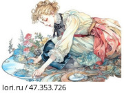 An elegant watercolor illustration in a fairy-tale style. A young girl with curly blond hair in an old-fashioned outfit leans towards a mirror surface decorated with flowers, petals and porcelain dishes. Her movements are gentle and attentive, as if she is collecting something very important or studying the reflection. The pastel-colored clothes, with many folds, ribbons and patterns, emphasize the atmosphere of romanticism and dreaminess. The illustration is permeated with soft light and subtle melancholy. Стоковое AI-изображение, AI-художник Анна Кривицкая / Фотобанк Лори