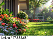 A flower bed, a neatly trimmed lawn in the garden in the sunlight. Стоковое AI-изображение, AI-художник Виктория Тельминова / Фотобанк Лори