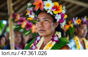 Woman wearing a flower crown participates in a cultural ceremony in a tropical setting. Стоковое AI-изображение, AI-художник Сергей Толмачёв / Фотобанк Лори