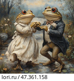 An unusual and charming painting in the style of realistic painting with a humorous touch: a pair of anthropomorphic frogs are dressed in wedding attire and dancing. The frog bride is in a white dress with lace, and the frog groom is in an elegant suit with a bow tie and a boutonniere. Their paws are gently clasped, their poses are graceful, the scene is full of warmth, romance and fairy-tale absurdity. The background is natural, with flowers, a path and light evening light, which gives the picture an atmosphere of a fairy-tale pastoral. Стоковое AI-изображение, AI-художник Анна Кривицкая / Фотобанк Лори