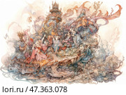 A fabulous, detailed fantasy world, created using the technique of watercolor illustration with elements of Art Nouveau and surrealism. In the center of the composition is a picturesque island or hill, consisting of flowers, corals, shells and bizarre shapes, on which graceful characters are located - women, fairies and children, as if from an ancient legend. At the top sits a majestic figure with marine motifs - perhaps the sea king. In the background rises a fairy-tale castle. The composition is full of magic, sea creatures, iridescence, decorative curls and subtle patterns uniting earth, water and air. Стоковое AI-изображение, AI-художник Анна Кривицкая / Фотобанк Лори