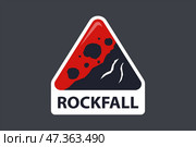Triangular rockfall sign on a red background. Стоковая иллюстрация, иллюстратор Вячеслав Беспутин / Фотобанк Лори